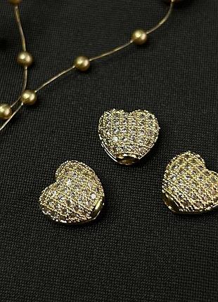 Бусина сердце с фианитами 10х11 мм, позолота 18к