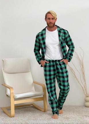 Піжама чоловіча cosy з фланелі (штани+сорочка+футболка) клітина зелено/чорна