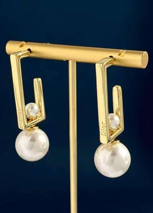 Брендовые серьги диор/dior, позолота / серьги диор с жемчугом