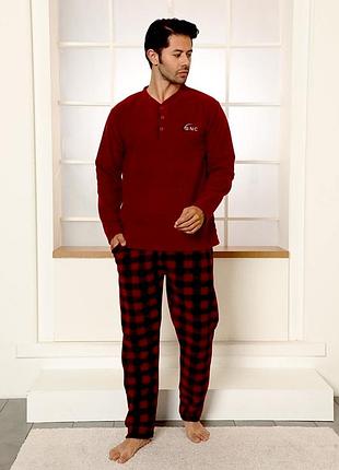 Чоловіча тепла піжама з флісу полар колір кофти бургунді та штани в клітину