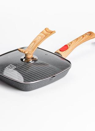 Алюмінієва сковорода-гриль 24 см зі скляною кришкою квадрат сірий mgc