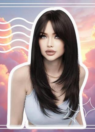 Парик длинный темно каштановый с длинной челкой шторкой каскад прямой с имитацией кожи...