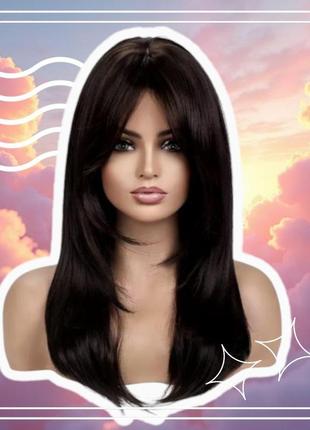 Парик длинный темно каштановый с длинной челкой шторкой каскад прямой с имитацией кожи...