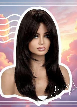Парик длинный темно каштановый с длинной челкой шторкой каскад прямой с имитацией кожи...
