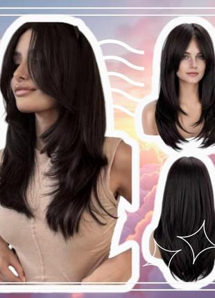 Парик длинный темно каштановый с длинной челкой шторкой каскад прямой с имитацией кожи...