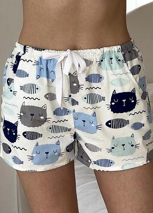 Жіночі піжамні шорти з сатину cosy коти/рибки _ttar