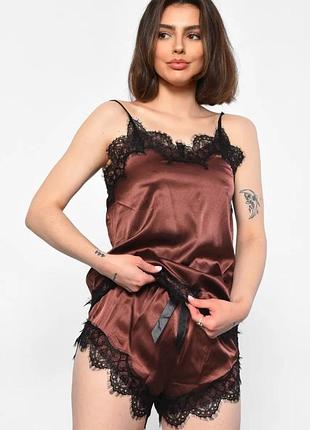 Атласна піжама-двійка з мереживом майка і шорти