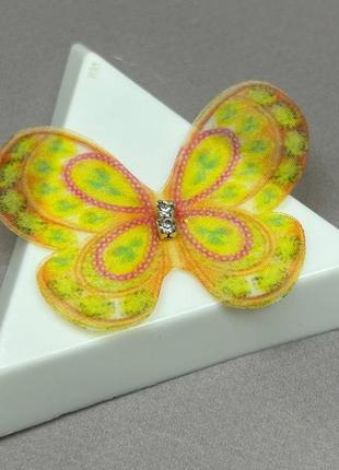 Шифоновий метелик двошаровий зі стразиком 3,5 см - жовта