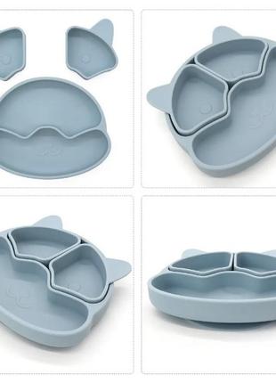 Набір силіконового дитячого посуду для прикорму на присосках із харчового силікону блакитн...