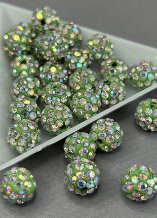 Бусины шамбала со стразами 10 мм, - салатовый