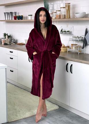 Женский халат домашний бордовый темно вишневый махровый из махры велсофт теплый длинный макси&nbsp;прямой с капюшоном с карманами с поясом на запах
