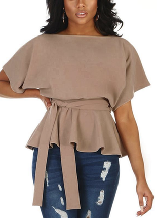 Блуза беж нюд приталена з поясом, кофтинка у стилі кімоно жіноча з коротким рукавом