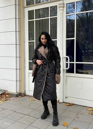 Пальто стеганое черное с поясом на меху зимнее