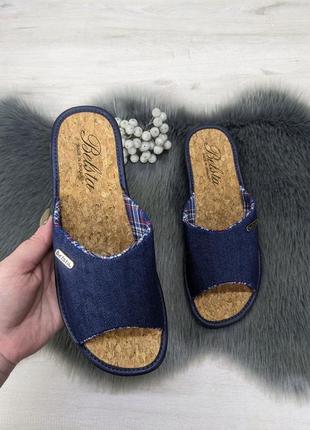 Тапочки женские белста открытый носок с пробковой стелькой синие 4476