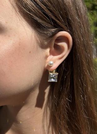 Диор серьги с крупным квадратным кристаллом / сверкающие серьги с крупным квадратным камнем / диор сережки
