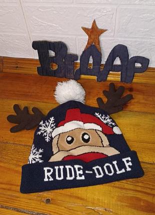 Новогодняя детская подростковая шапка олень рыжеольф