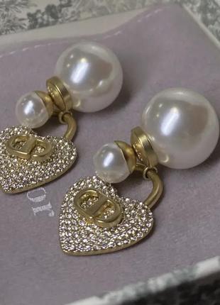 Сережки-сердечка діор з перлами та розсипом цирконію, позолота 18 к