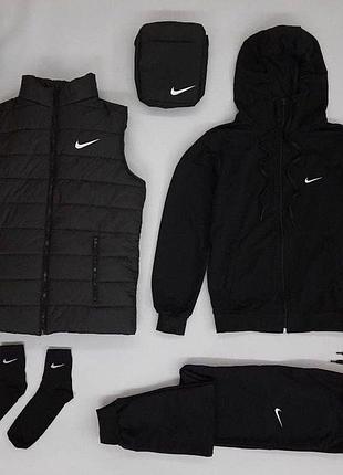 Мужской спортивный костюм nike черный весенний найк жилетка + мессенджер + кепка (b)