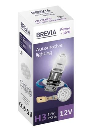 Галогенова лампа brevia h3 12v 55w pk22s power +30% cp