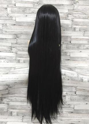Парик женский длинный прямой черный с пробором без челки 100см из термоволокна