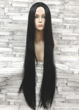 Парик женский длинный прямой черный с пробором без челки 100см из термоволокна