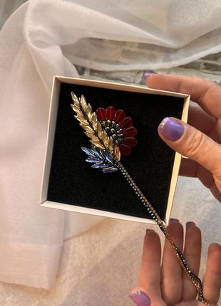 Брошка колосок жовто-блакитний з маком з бісеру та кристалів