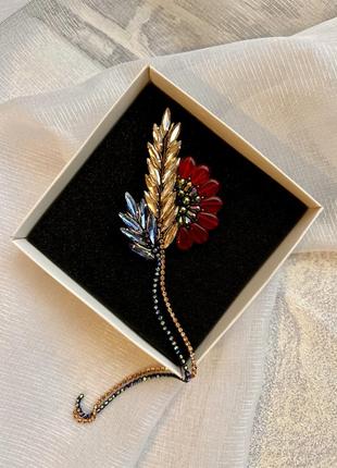 Брошка колосок жовто-блакитний з маком з бісеру та кристалів