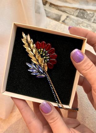 Брошка колосок жовто-блакитний з маком з бісеру та кристалів