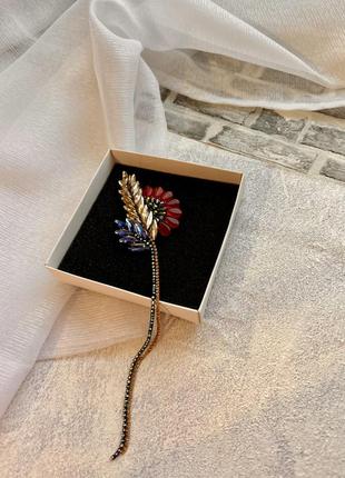 Брошка колосок жовто-блакитний з маком з бісеру та кристалів