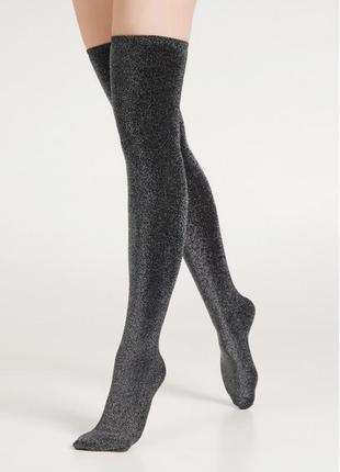 Блестящие ботфорты гольфы wb1 lurex pa 001 black/silver metallic (черный