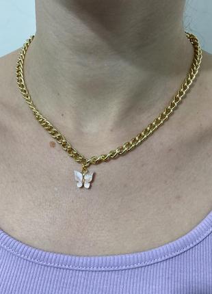 Цепочка металлическая цепочка на шею чекер подвеска с бабочкой баночкой цепь золотистая