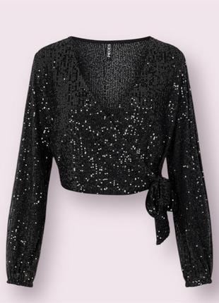 Черная укороченная блуза с пайетками pieces (дания 🇩🇰)