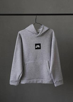 Мужское зимнее оверсайз худи nike sb серое на флисе толстовка найк с капюшоном утепленная (b)