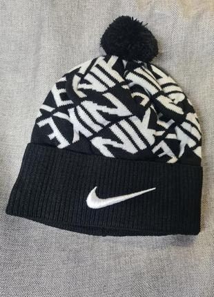 Шапка nike чоловіча унісекс, шапка з помпоном, шапка найк, шапка з флісовою підкладкою, шапка чорна з білим
