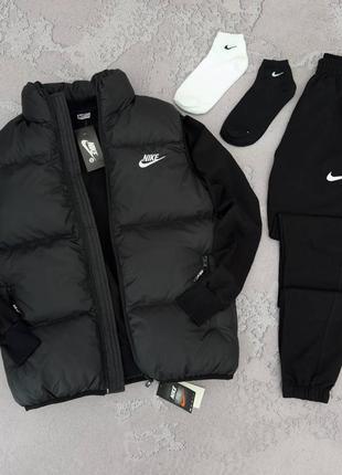 Мужской спортивный костюм nike + жилетка + носки в подарок черный найк без капюшона весенний осенний (b)