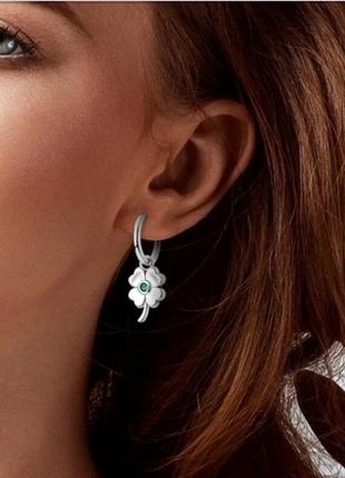 Серьги серебро оригинальные стильные silver_pandora оберегают клевер застежка удобное кольцо