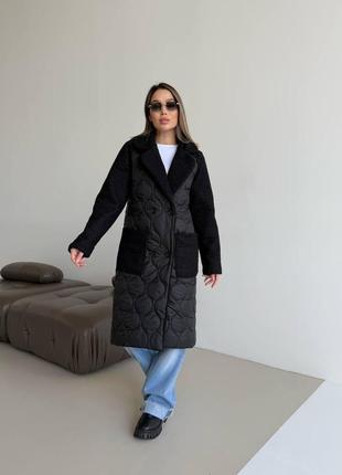 Теплая зимняя длинная стеганая куртка из комбинированной ткани на синтепоне 250 (черный, пальто)