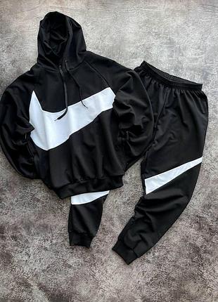 Мужской зимний спортивный костюм nike big swoosh черный с капюшоном комплект найк худи + штаны на флисе (b)