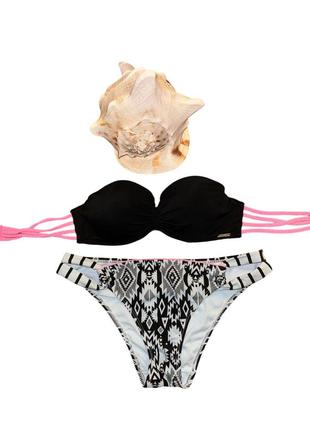 Р. 42-44/xs-s женский раздельный купальник (чёрный с розовым и белым)