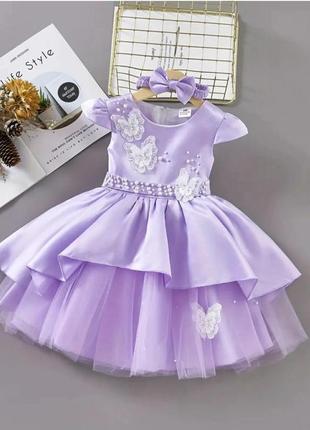 Лавандовое фиолетовое праздничное платье для девочки фатин пышное жемчужины