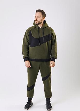 Мужской зимний спортивный костюм nike big swoosh хаки с капюшоном комплект найк худи + штаны на флисе (b)