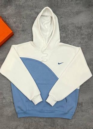 Мужское худи nike белое с голубым на флисе кофта найк с капюшоном утепленная (b)