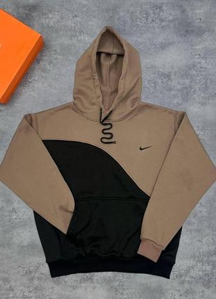 Мужское худи nike коричневое с черным на флисе кофта найк с капюшоном утепленная (b)