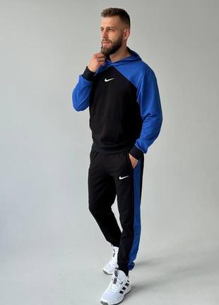 Мужской спортивный костюм nike худи + штаны черный с синим комплект найк весенний осенний (b)