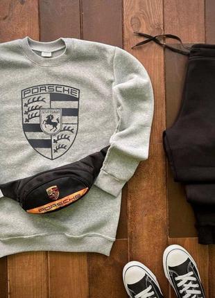 Чоловічий зимовий спортивний костюм porsche сірий без капюшона + барсетка в подарунок світшот і штани (b)