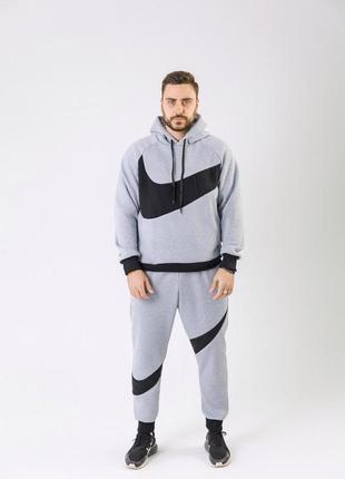 Мужской зимний спортивный костюм nike big swoosh серый с капюшоном комплект найк худи + штаны на флисе (b)