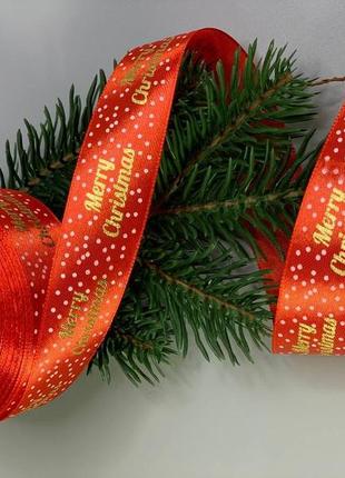 Лента атласная новогодняя красная 25мм merry christmas, 25 ярд красный unison (d13425 red)