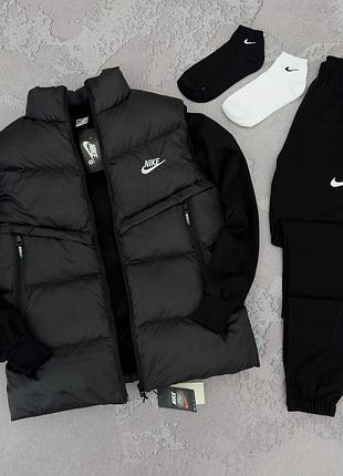 Мужской спортивный костюм nike + жилетка + носки в подарок черный найк без капюшона весенний осенний (b)