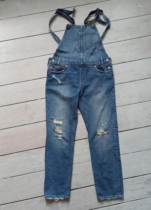 Комбинезон джинсовый синий levis джинсы брюки denim с потертостями на подтяжках мужской рабочий халат сад огород