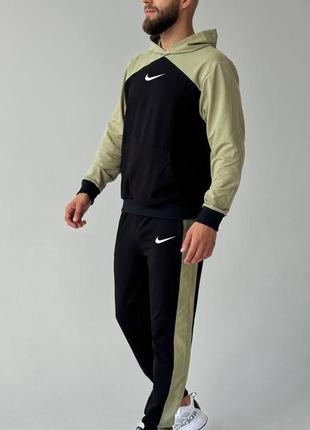 Мужской спортивный костюм nike худи + штаны черный с оливковым комплект найк весенний осенний (b)